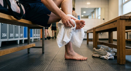 A man drying his feet in the locker room of a gym after doing a workout. He is sitting on a bench while doing so.