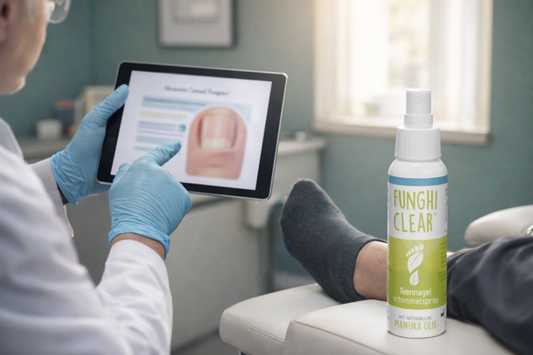 podiatrist in gloves explains common toenail fungus misconceptions using a tablet with a blurred nail diagram while a patient’s socked foot rests on an exam stool; FunghiClear green-and-white spray bottle