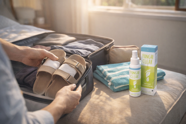 summer travel packing scene on a sunlit bedroom bench: a person slides sandals and breathable socks into an open suitcase while a folded beach towel and a small toiletry pouch sit beside a FunghiClear green-and-white spray bottle and matching box; soft morning light, warm natural colors, shallow depth of field, no readable text, no overlays, no extra logos
